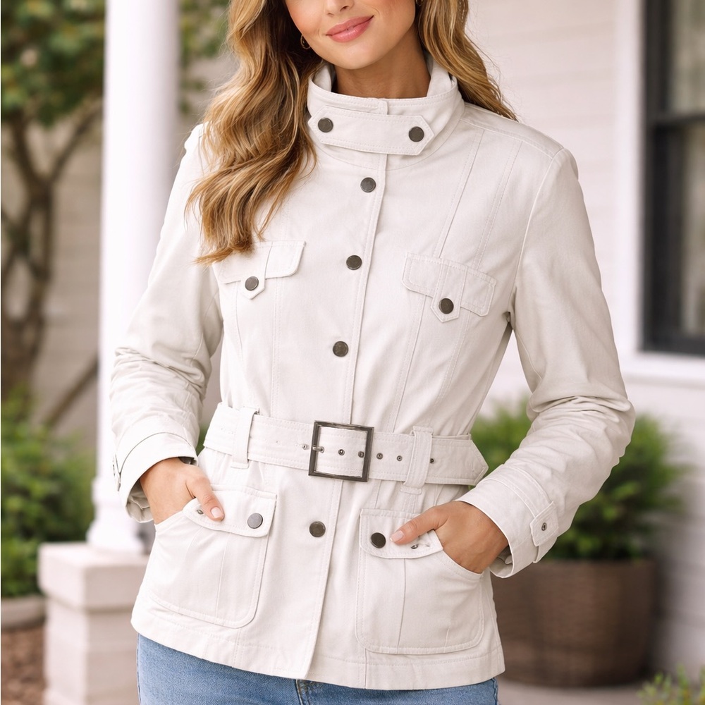 GEORGIOU STUDIO Cream Pig Napa Leather Belted Quiet Luxury Jacket Size 8
